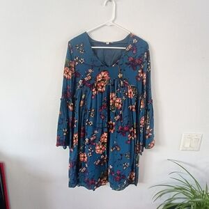 Gilli Floral Babydoll Boho Dress Teal Bell Sleeve Small